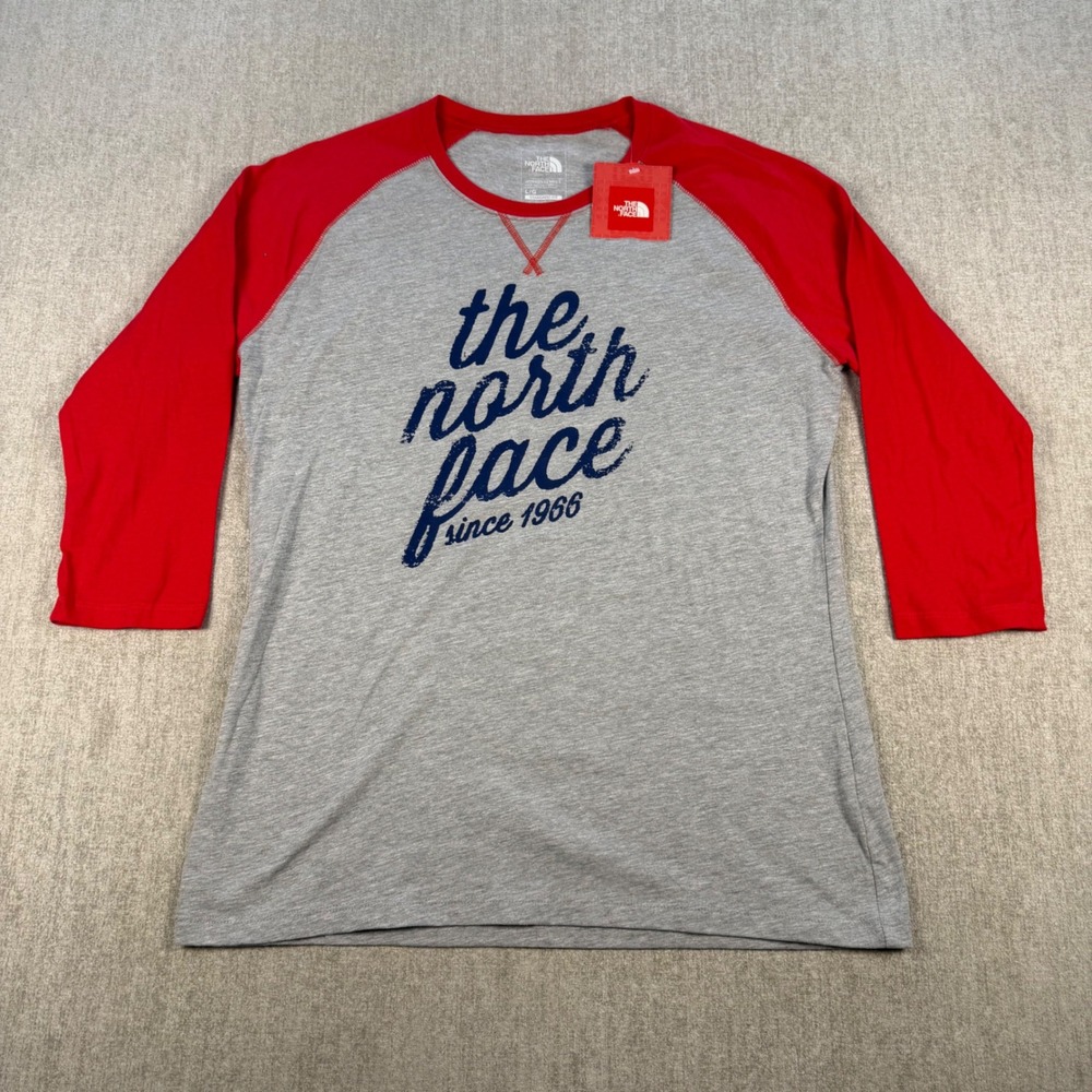 The North Face Raglan T-Shirt Womens Large Gray Red 3/4 Sleeve NF0A3RU9MRD